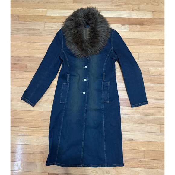 Mixit Jackets & Blazers - MIXIT Women’s Denim Long Coat Size 6 Faux Fur Collar Vintage Y2K Stretch